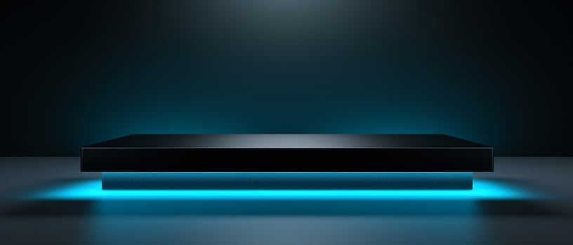 black podium with blue neon light on black background generative AI photo