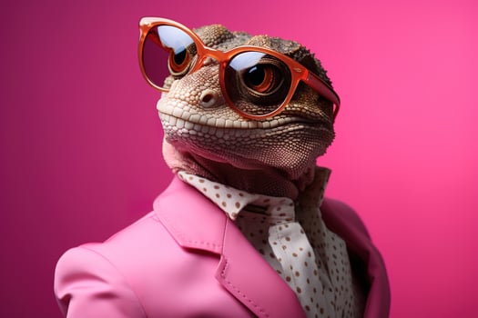 engaging anthropomorphic lizard in a sunglasses and pink fashion outfin on a pink background, generative ai photo