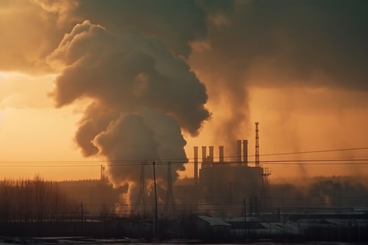 Chimney and black smoke above chemical industry at sunset. AI Generative. photo