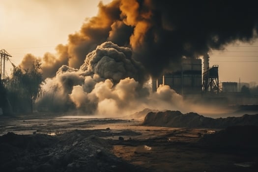 Chimney and black smoke above chemical industry at sunset. AI Generative. photo