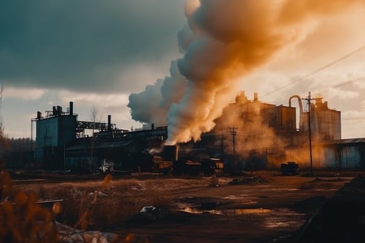 Chimney and black smoke above chemical industry at sunset. AI Generative. photo