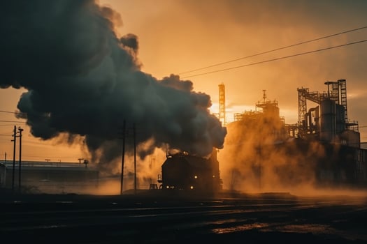 Chimney and black smoke above chemical industry at sunset. AI Generative. photo