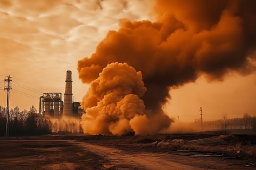 Chimney and black smoke above chemical industry at sunset. AI Generative. photo