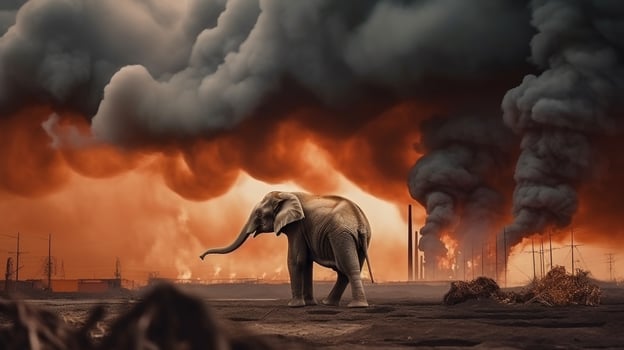 elephant stands watching a petrochemical refinery at sunrise. Generative AI. photo