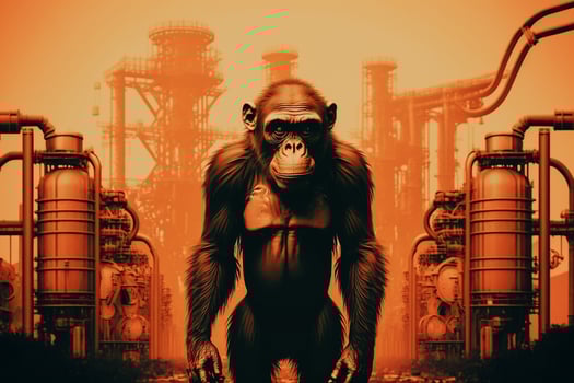 A monkey stands in front of chemicals above the factory. Generative AI. photo