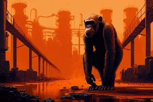 A monkey stands in front of chemicals above the factory. Generative AI. photo