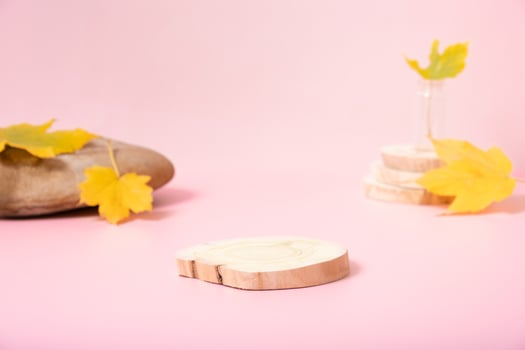 Podium or pedestal template mock up. Autumn scene composition for cosmetics photo