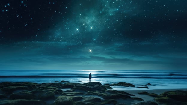 A person standing at the edge of the ocean against night stars photo