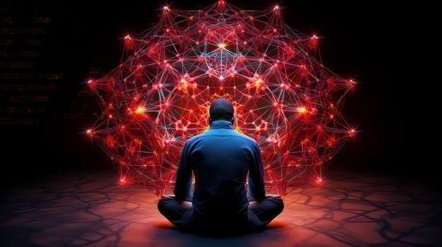 Human meditate, yoga. Psychic human considers mind and heart. Spirituality, esotericism, with bokeh defocused lights. universe, Psychic waves concept, Generative AI illustration photo