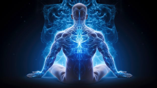 Human meditate, yoga. Psychic human considers mind and heart. Spirituality, esotericism, with bokeh defocused lights. universe, Psychic waves concept, Generative AI illustration photo