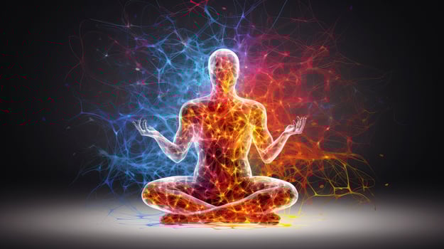 Human meditate, yoga. Psychic human considers mind and heart. Spirituality, esotericism, with bokeh defocused lights. universe, Psychic waves concept, Generative AI illustration photo