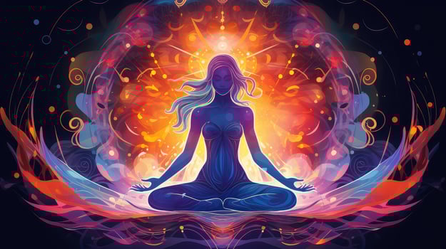 Human meditate, yoga. Psychic human considers mind and heart. Spirituality, esotericism, with bokeh defocused lights. universe, Psychic waves concept, Generative AI illustration photo