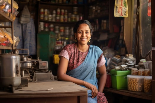 indian woman as shopkeeper in her small corner shop, AI generative photo
