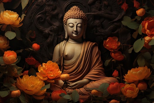 Buddha statue surrounded by orange flowers on a black background AI Generated photo