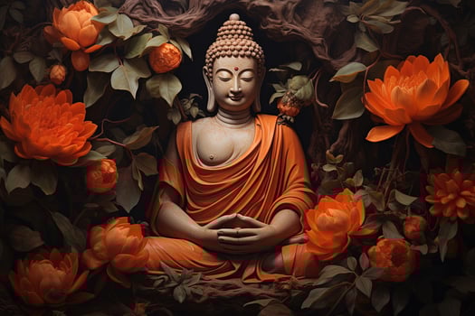 Buddha statue surrounded by orange flowers on a black background AI Generated photo