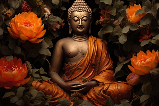 Buddha statue surrounded by orange flowers on a black background AI Generated photo