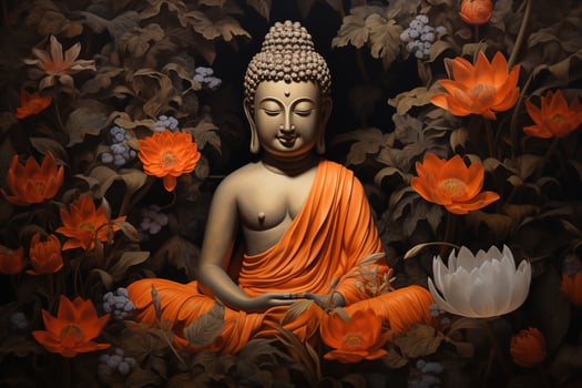 Buddha statue surrounded by orange flowers on a black background AI Generated photo