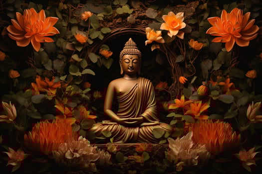 Buddha statue surrounded by orange flowers on a black background AI Generated photo