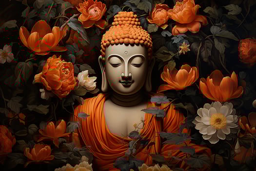 Buddha statue surrounded by orange flowers on a black background AI Generated photo