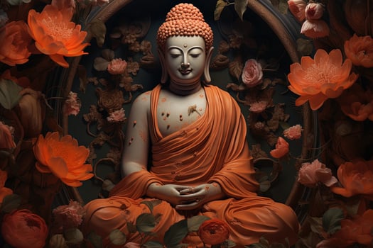 Buddha statue surrounded by orange flowers on a black background AI Generated photo