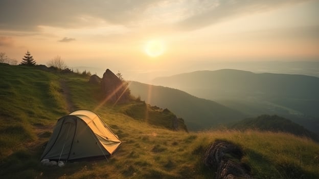 Tourist tent on the plateau, mountains tops background, outdoor activities. AI generated. photo