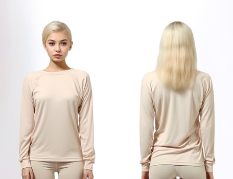 Woman wearing a beige T-shirt with long sleeves. Front and back view. ai generated photo