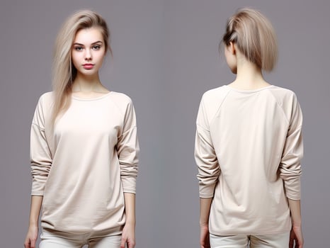 Woman wearing a beige T-shirt with long sleeves. Front and back view. ai generated photo