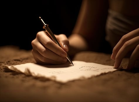 Hands of young woman holding handwritten letter. Created with Generative AI technology. photo