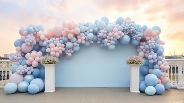 a sky blue wall is decorated with multicolor balloons generative AI photo