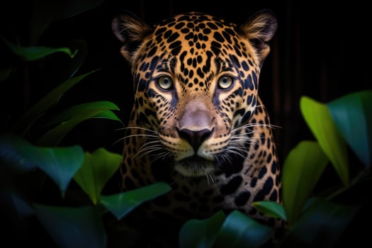 Head of a jaguar among the leaves in the jungle, Panthera onca. Generative AI photo