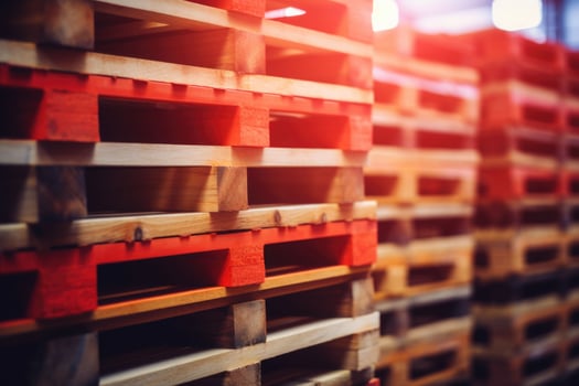 Wooden pallets stacked in a warehouse on blurred background. Generative AI photo