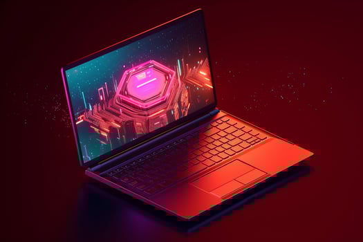 Isometric laptop with a circuit board on the background of the city. Vector illustration. photo