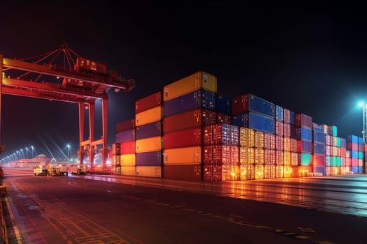 Containers in port at night. Freight transportation and logistics concept. photo