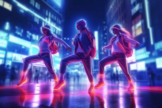 Women dancing in the dark stage with neon light. 3D rendering. photo