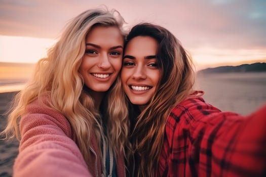Two beautiful charming young women take a selfie on the seashore. LGBTQ plus couple or best friends, generative ai photo