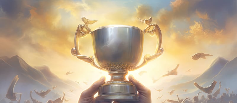 Champion golden trophy for winner background. Success and achievement concept. Sport and cup award theme. Created with Generative AI technology. photo