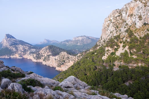 Hiking holidays Mallorca, Spain. Beautiful picture with landscape of Serra de Tramuntana mountains in the island of Majorca in Mediterranean sea. Paradise for bikers. Adventure travel. photo