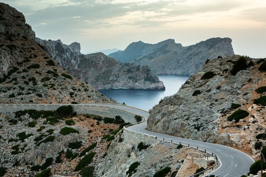 Hiking holidays Mallorca, Spain. Beautiful picture with landscape of Serra de Tramuntana mountains in the island of Majorca in Mediterranean sea. Paradise for bikers. Adventure travel. photo