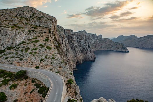 Hiking holidays Mallorca, Spain. Beautiful picture with landscape of Serra de Tramuntana mountains in the island of Majorca in Mediterranean sea. Paradise for bikers. Adventure travel. photo