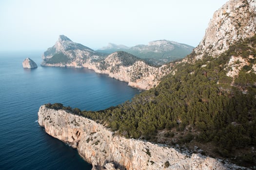 Hiking holidays Mallorca, Spain. Beautiful picture with landscape of Serra de Tramuntana mountains in the island of Majorca in Mediterranean sea. Paradise for bikers. Adventure travel. photo