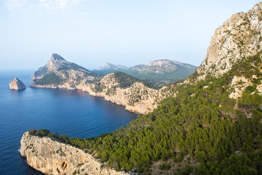Hiking holidays Mallorca, Spain. Beautiful picture with landscape of Serra de Tramuntana mountains in the island of Majorca in Mediterranean sea. Paradise for bikers. Adventure travel. photo