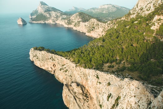 Hiking holidays Mallorca, Spain. Beautiful picture with landscape of Serra de Tramuntana mountains in the island of Majorca in Mediterranean sea. Paradise for bikers. Adventure travel. photo