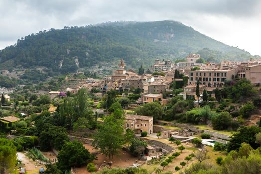 View of a medieval street of the picturesque Spanish-style village Valdemossa in Majorca or Mallorca island, Spain. photo