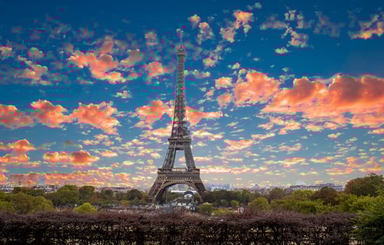 Eiffel Tower at Sunset in Paris, France. Romantic Travel Background. Amazing Panorama of Paris with Eiffel Tower Included photo