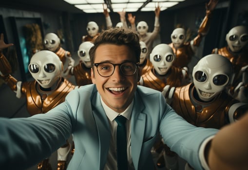 a man in a suit and tie standing next to a robot photo