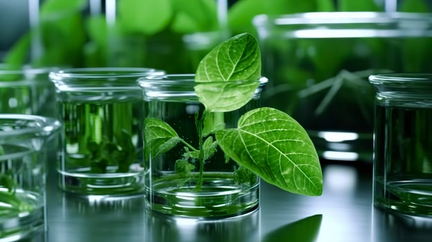 Biotechnology concept with green plant leaves, laboratory glassware, and conducting research, illustrating the powerful combination of nature and science in medical advancements.  AI Generative photo
