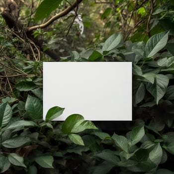 Blank business card on green leaves background. Generative AI photo