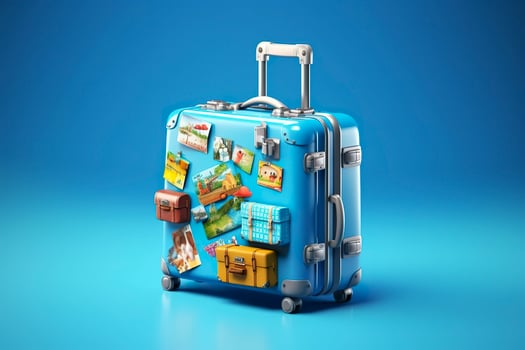 Blue suitcase full of landmarks and travel accessories on blue background. Generative AI photo