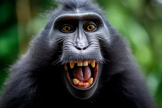 Celebes crested macaque with open mouth. Close up on the green natural background. Generative AI photo