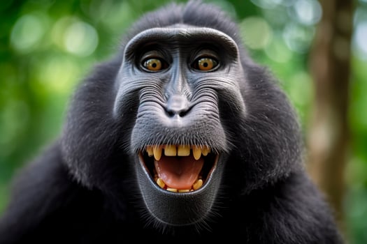 Celebes crested macaque with open mouth. Close up on the green natural background. Generative AI photo
